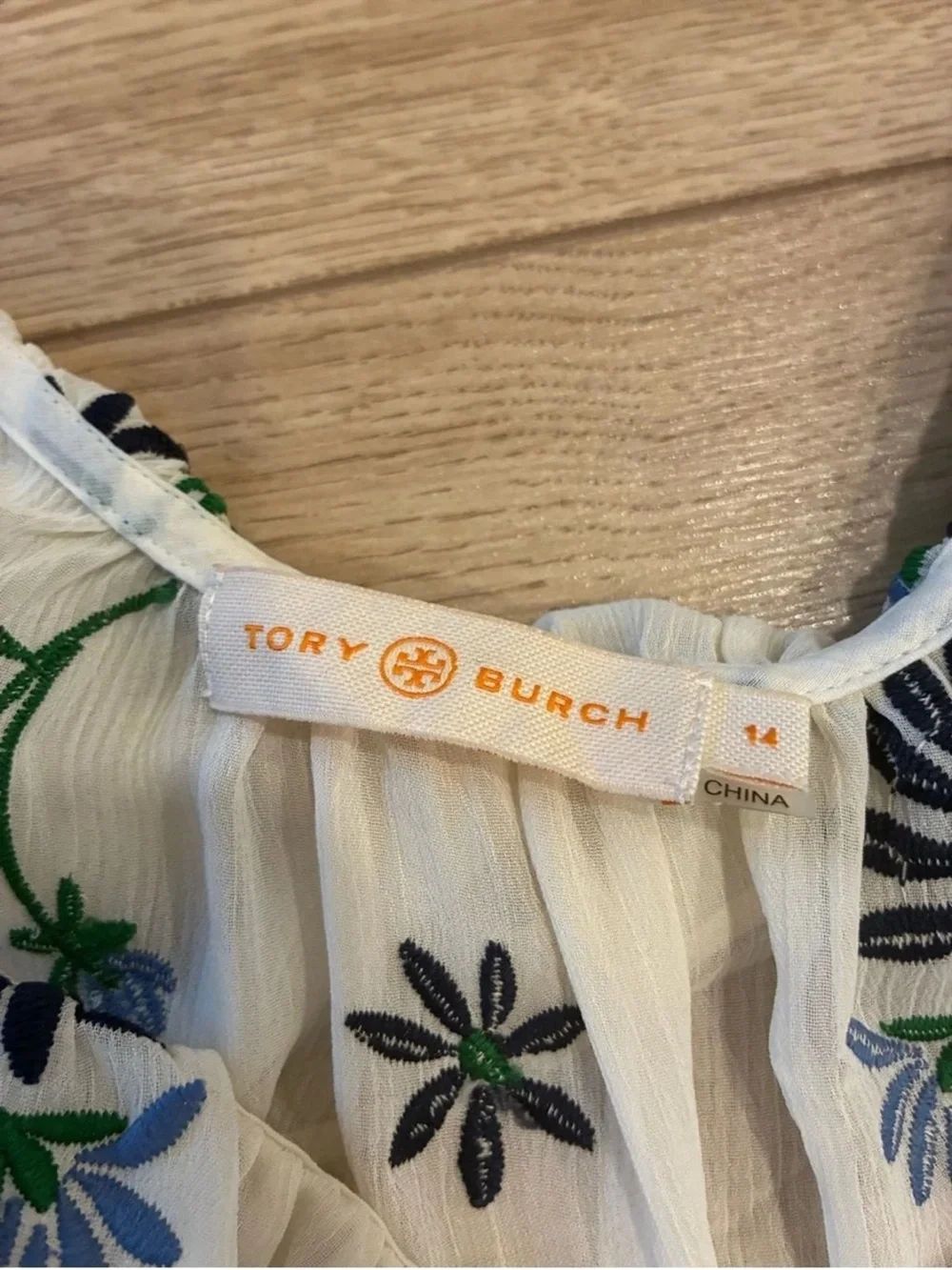 Tory Burch Cream Midi Dress with Blue Floral Embroidery